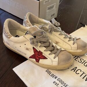 Golden Goose White Sneakers with Red Glitter Star